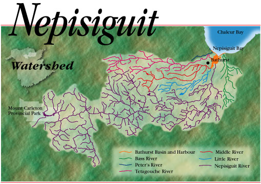 Map of the Nepisiguit Watershed from Mount Carleton Provincial Park to Chaleur Bay, with the Bathurst Basin and Harbour, Bass River, Peter's River, Tetagouche River, Middle River, Little River and Nepisiguit River coloured separately