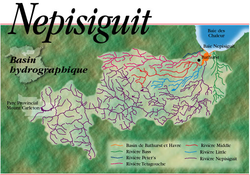 Carte du bassin hydrographique de Nepisiguit, du parc provincial Mont-Carleton à la baie des Chaleurs, avec le bassin et le havre de Bathurst et chaque rivière en couleur