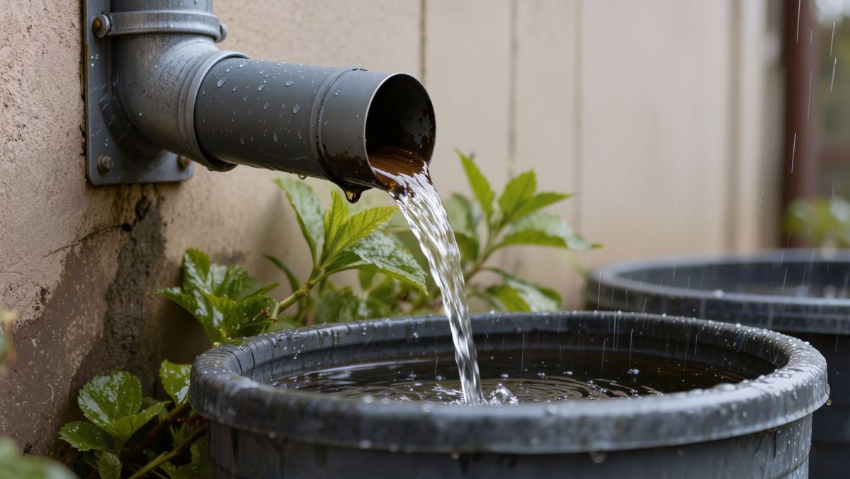 Rain water pouring from a downspout into a barrel beside green plants